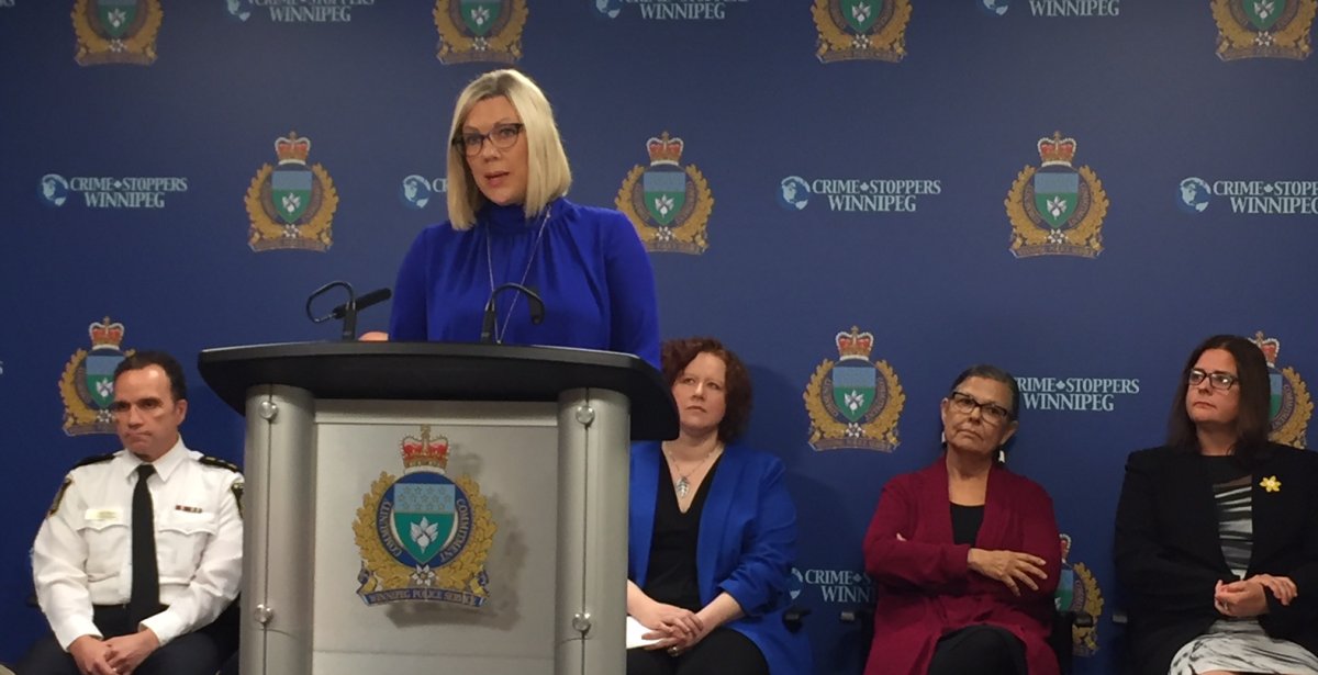 Manitoba Status of Women Minister Rochelle Squires speaks to the media about third-party reporting April 16, 2018.