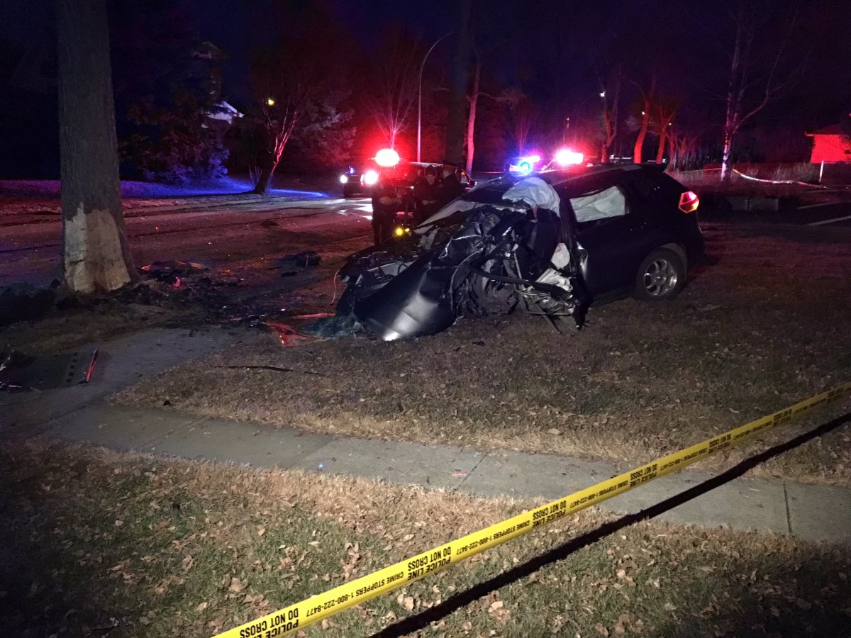 A vehicle collided with a tree near 91 Avenue and 79 Street in Edmonton's Holyrood neighbourhood Thursday morning. April 26, 2018.