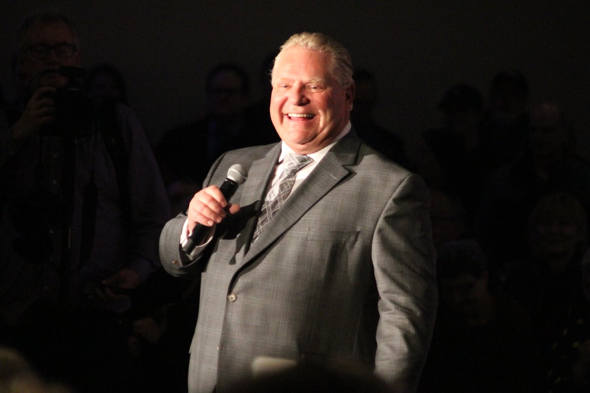 Doug Ford speaks to supporters during a campaign rally at the Nepean Sportsplex on April 17. Ford announced his plan to forgo taxes for those who make minimum wage and to address the cost of hydro in Ontario.