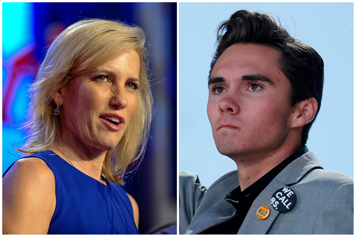 A combination of file photos show media personality Laura Ingraham in Washington October 14, 2017 and Marjory Stoneman Douglas High School student David Hogg, at a rally in Washington March 24, 2018.   