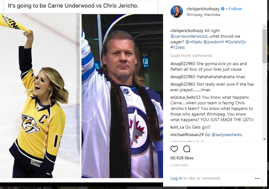 Winnipeg wrestler Chris Jericho has challenged country music singer Carrie Underwood to a $10,000 bet based on the outcome of the Winnipeg Jets/Nashville Predators series.