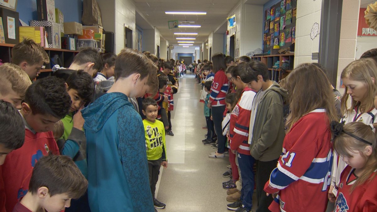 Students at Margaret Manson Elementary in Kirkland observe a moment of silence for the Humboldt Broncos, Thurs. April 12, 2018.