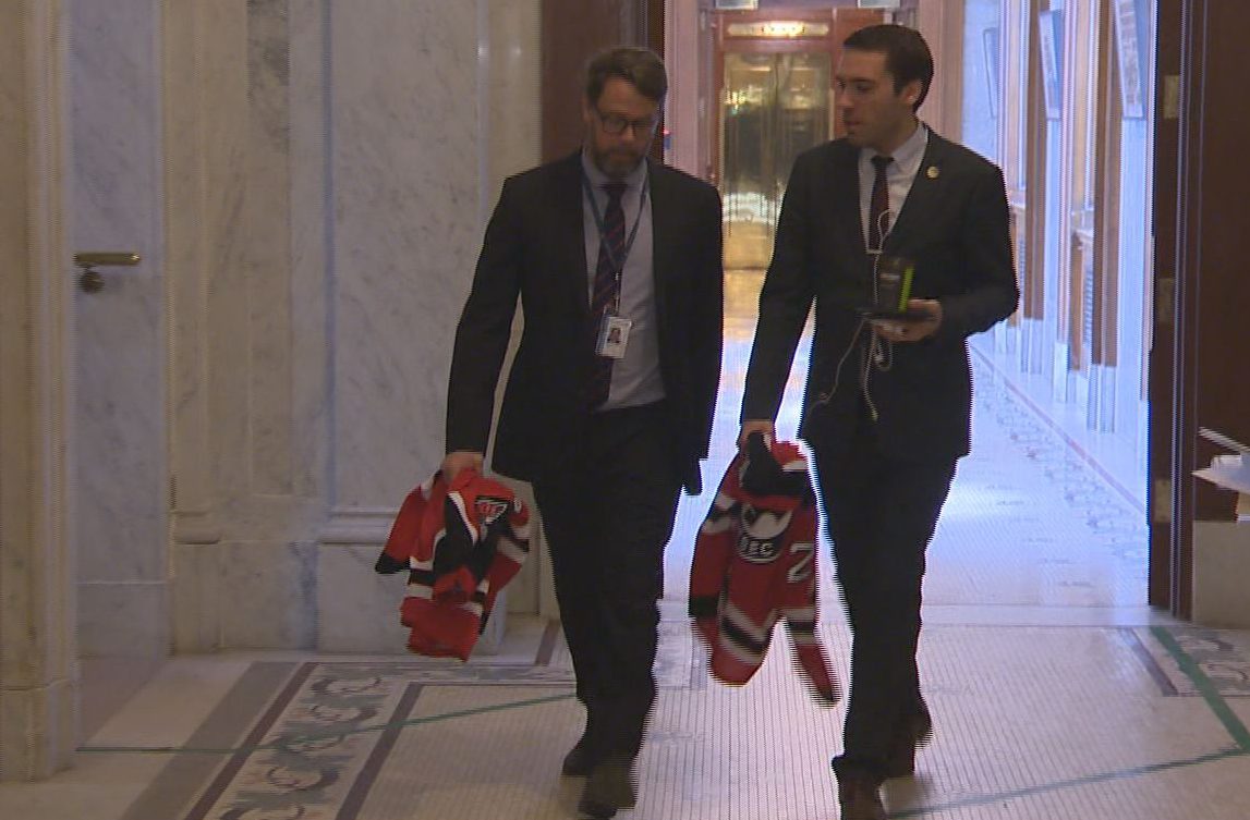 Quebec MNAs wear their jerseys to show support for those who died in the Humboldt bus crash, Weds. April 18, 2018.