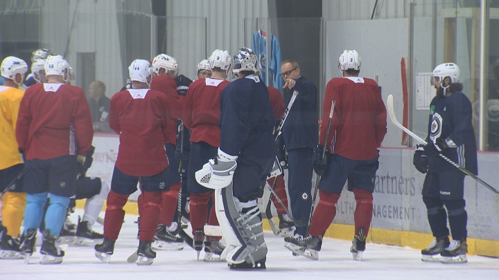 Winnipeg Jets head coach Paul Maurice gives instructions at practice on Monday.