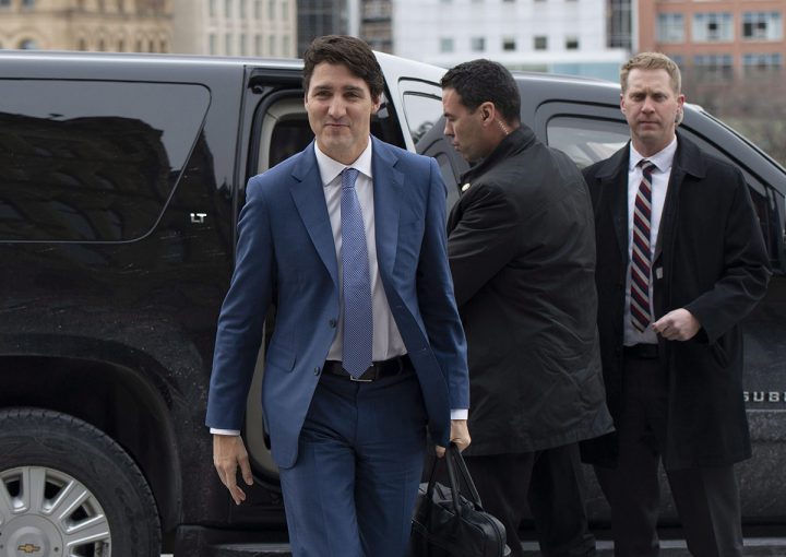 Justin Trudeau arrives on Parliament Hill before a meeting with B.C. Premier John Horgan and Alberta Premier Rachel Notley, on the deadlock over Kinder Morgan's Trans Mountain pipeline expansion in Ottawa on Sunday, April 15, 2018. 