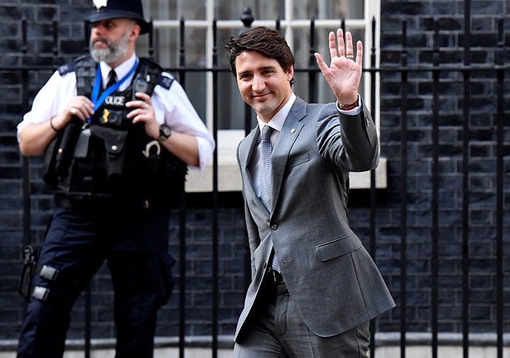 Prime Minister Justin Trudeau leaves 10 Downing Street in London, April 18, 2018. 