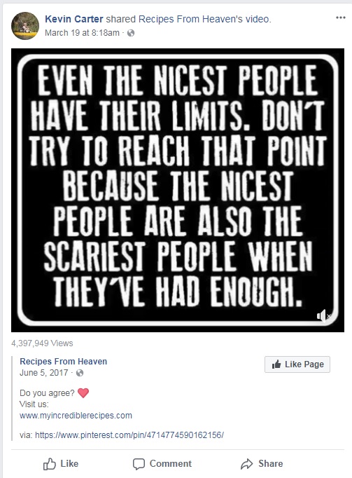 A post shared on Kevin Carter’s Facebook page on March 19.