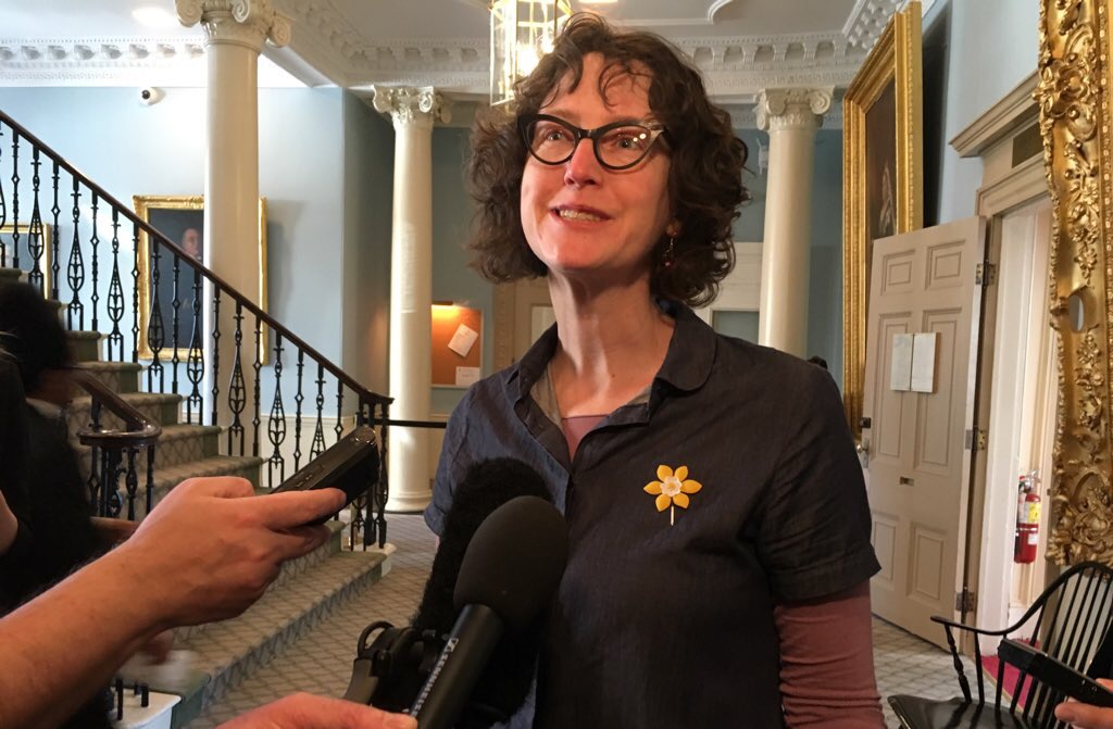 Nova Scotia NDP MLA Lisa Roberts speaking to reporters at the legislature in 2018.