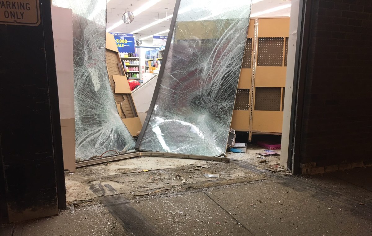 Two large panes of glass were smashed in at the London Drugs on 51 Avenue, near 105b Street, in south Edmonton Thursday morning. April 19, 2018.