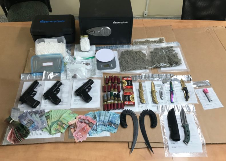 Over $10,500 in cash and $100,000 in drugs were seized in the arrest along with guns and knives.