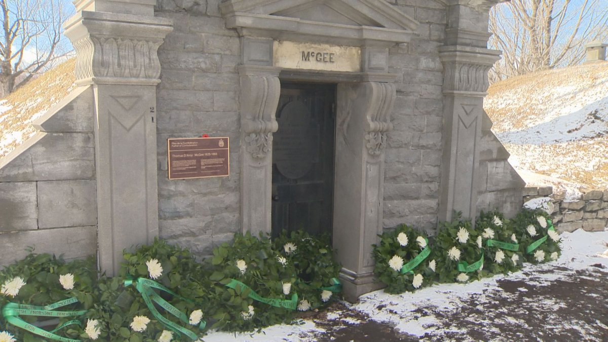 Wreaths were laid at the crypt of Thomas D'Arcy McGee in the Côte-des-Neiges Cemetery in Montreal. Several events are being held in the city to mark the 150th anniversary of McGee's assassination.
