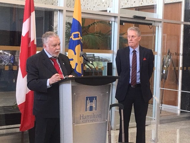 Liberal MPP Ted McMeekin was joined by Hamilton Mayor Fred Eisenberger as he promoted the provincial government's plan to stimulate rental housing construciton.