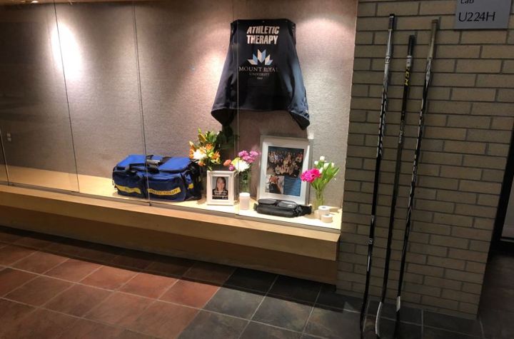 A tribute to Dayna Grons at Mount Royal University in Calgary seen on April 12, 2018.