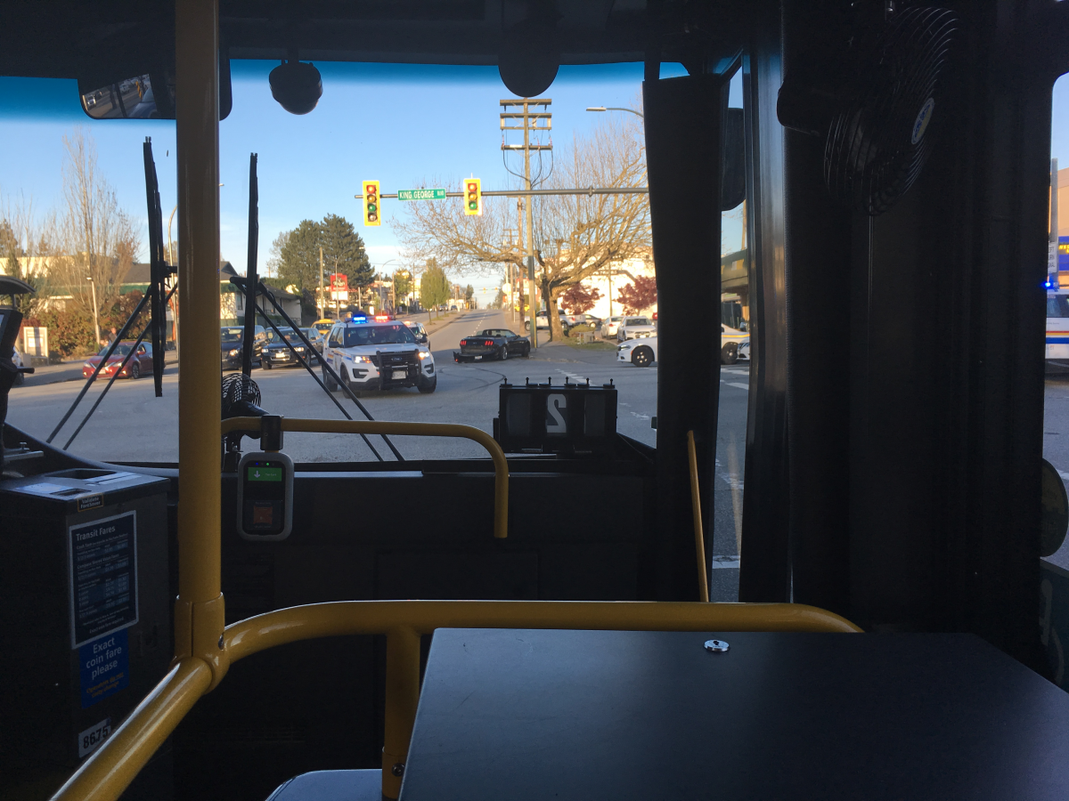 A 96 B-Line bus at the scene of a collision at 104th Street and King George Boulevard in Surrey on April 25, 2018.