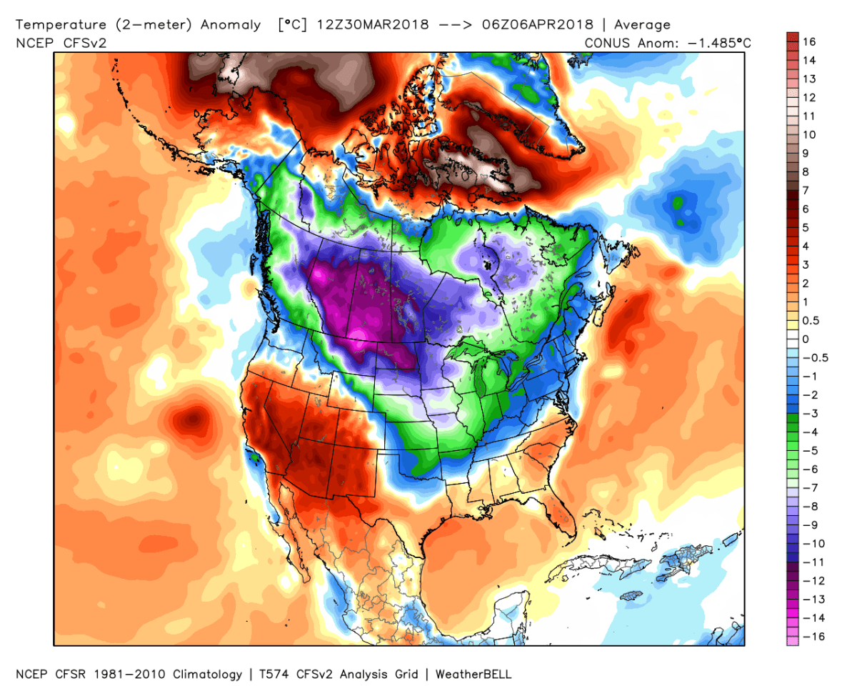 Saskatchewan has seen the coldest temperature anomalies on earth into the first week of April.