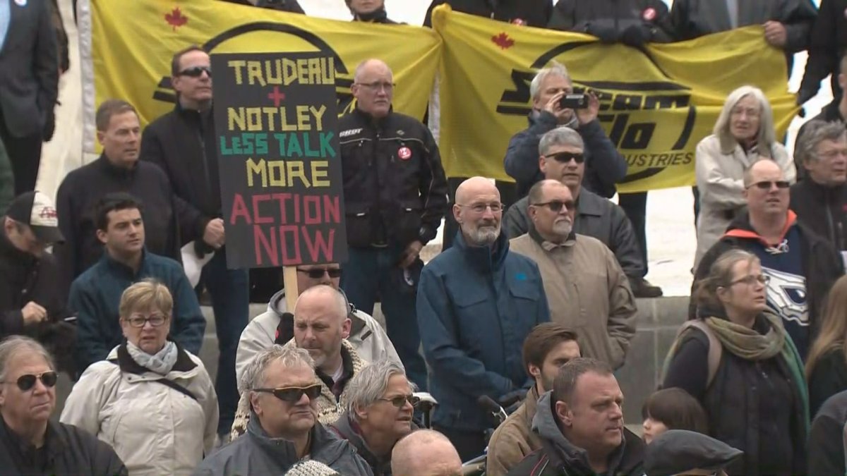 A rally at the Alberta legislature on April 12, 2018, pushing for the Trans Mountain pipeline expansion to go forward.