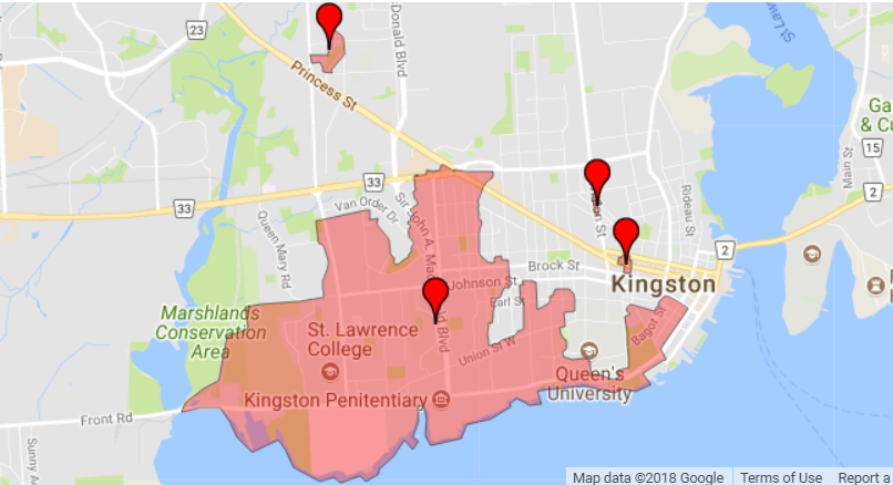 A map from the Utilities Kingston website shows the areas affected by power outages in the Kingston area.