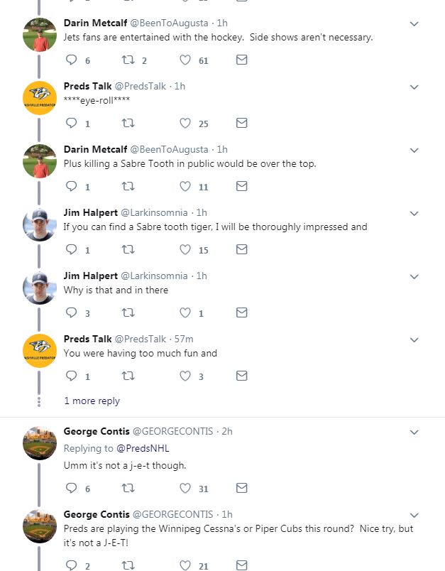 Tweets were flying as Jet fans countered an obvious online taunt by the Nashville Predators Wednesday.