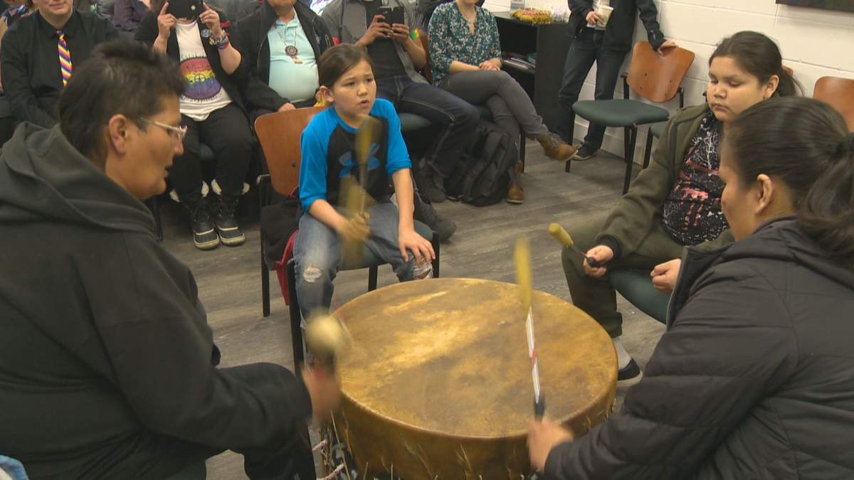 Drummers perform at a launch for the new location of the Pride Centre of Edmonton on April 4, 2018.