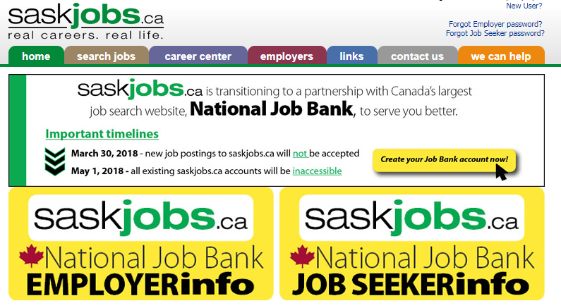 Banners on Saskjobs.ca signalling the upcoming move to the National Job Bank.