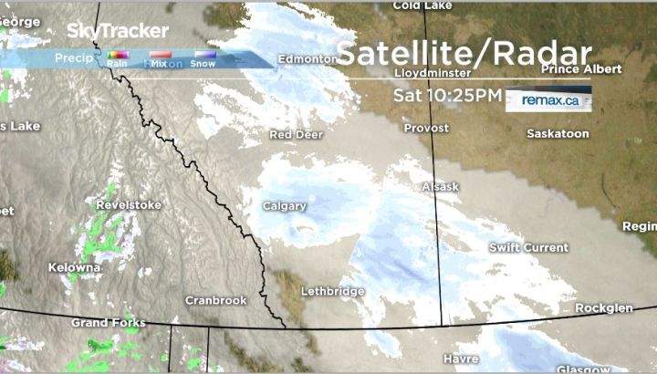 Satellite and radar images of the snow in Alberta Saturday night.