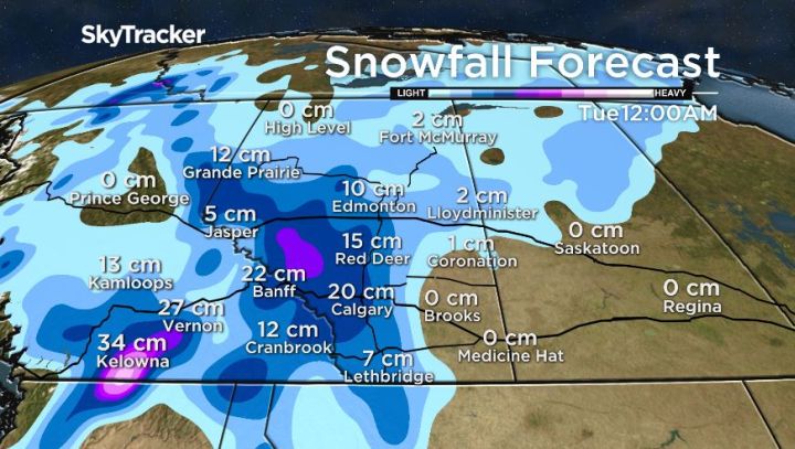 Some weather models suggest up to 20 centimetres of snow is possible in Calgary by Monday night.