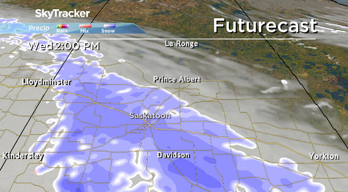 Snow slides into central Saskatchewan on Wednesday.