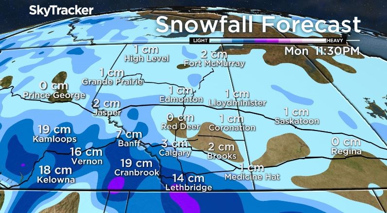 One of our snowfall models suggests up to 14 cm in Lethbridge and 3 cm in Calgary by late Monday night.