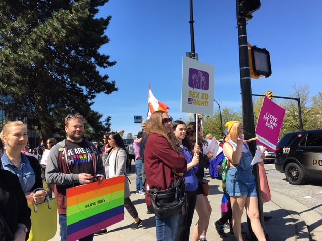 Hundreds of people showed up to rally both for and against SOGI 123 in Vancouver Monday, April 23. Credit: Jen Palma/ Global News.
