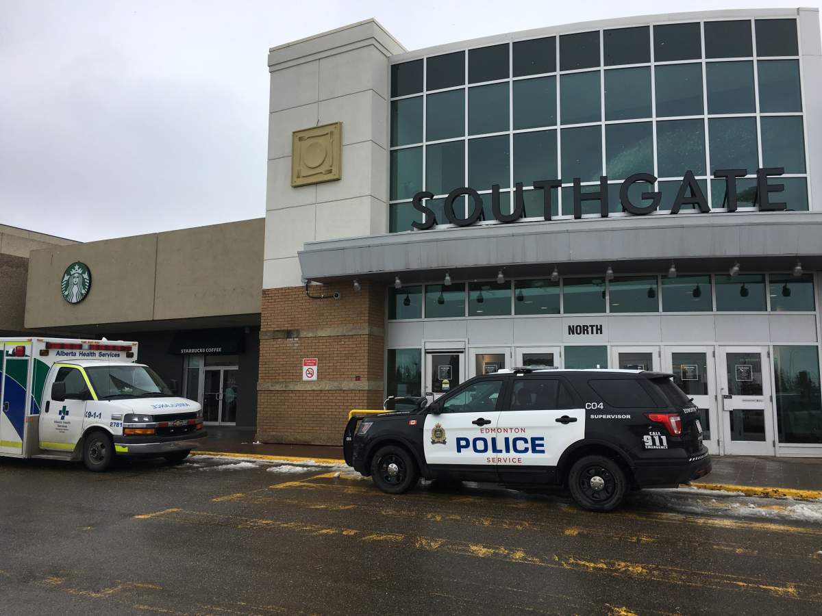 Several police vehicles and an ambulance were seen at Southgate Centre in Edmonton, Alta. April 17, 2018.