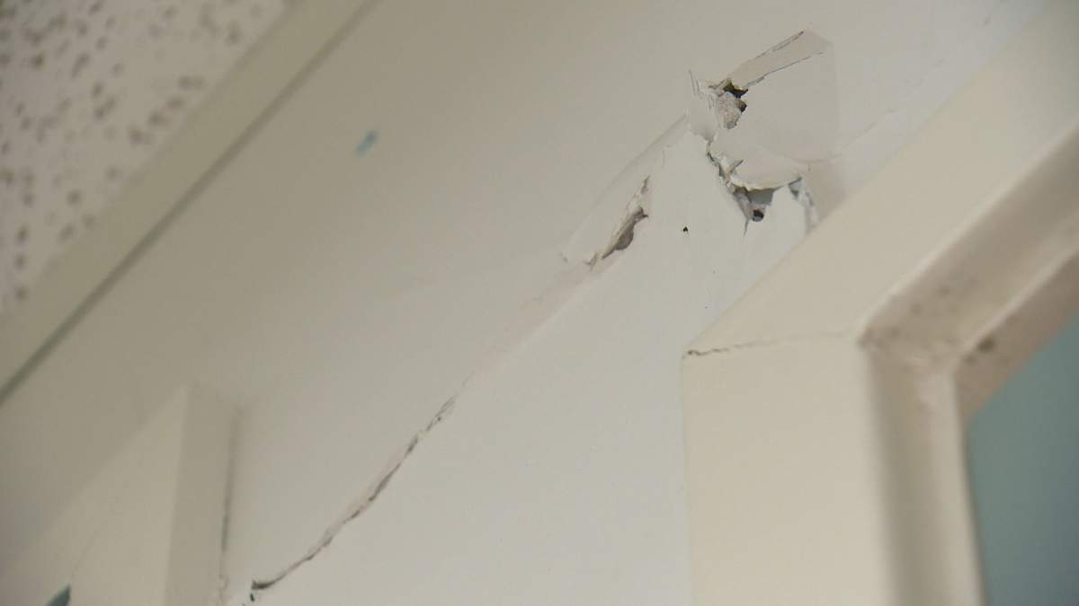 Buckling drywall located in a closed classroom at Ecole St. Pius.