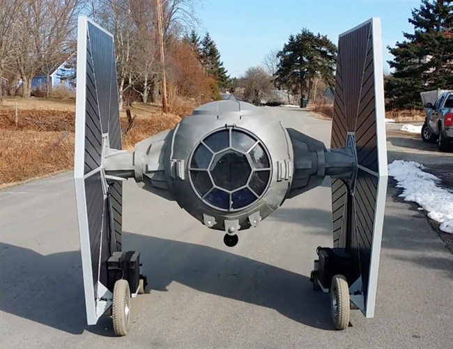 Allan Carver of Queensland welded together steel, foam and scrap wheelchair motors to create a two-metre tall replica of the Imperial Fleet’s go-to fighter.