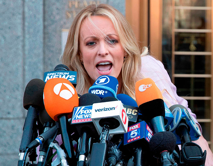 In this April 16, 2018 photo, adult film actress Stormy Daniels pictured outside federal court in New York.  