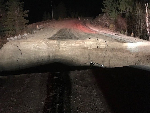 A vehicle with two people inside drove into the washout along the Princeton-Summerland road while it was still dark out on Monday morning. 