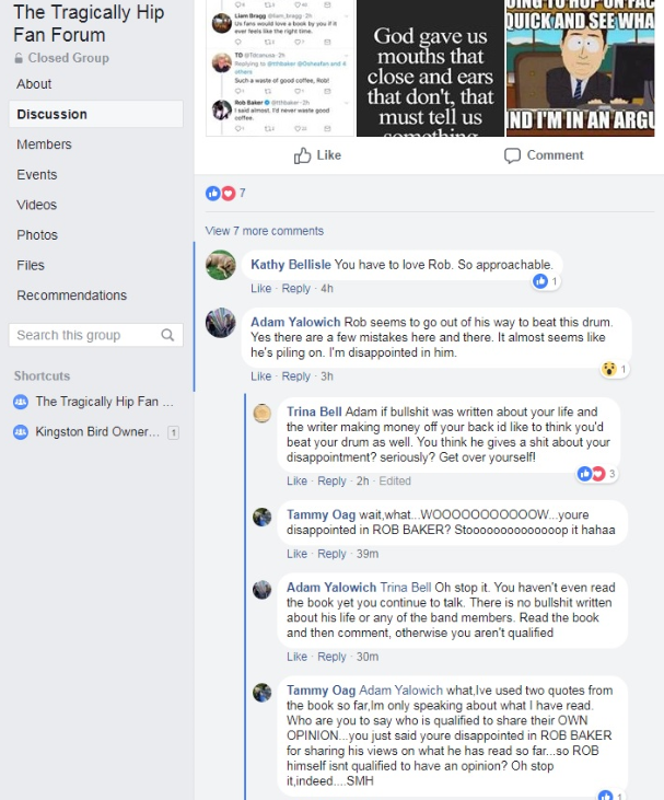 A screenshot taken from a private fan forum on Kingston that has over 15,000 dedicated The Tragically Hip fans from all over the world. Michael Barclay’s unofficial biography, and Rob Baker’s reaction to it has gotten fans heated.