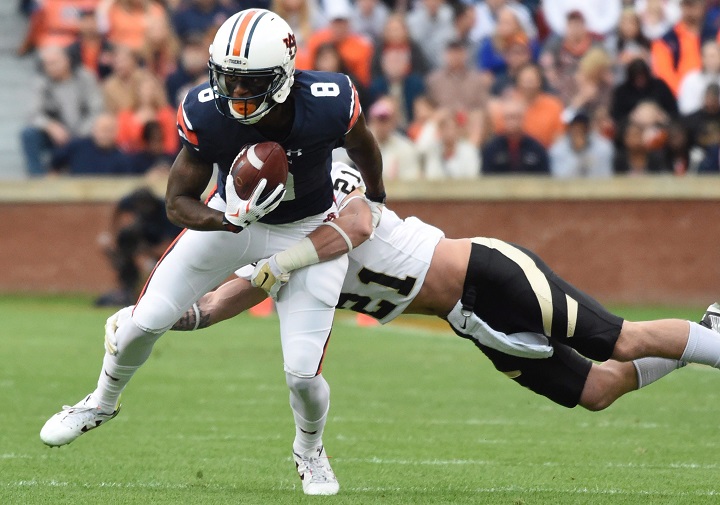 Auburn wide receiver Tony Stevens catches a pass in front of Idaho safety Jordan Grabski during the first half of an NCAA football game, Saturday, Nov. 21, 2015, in Auburn, Ala. 