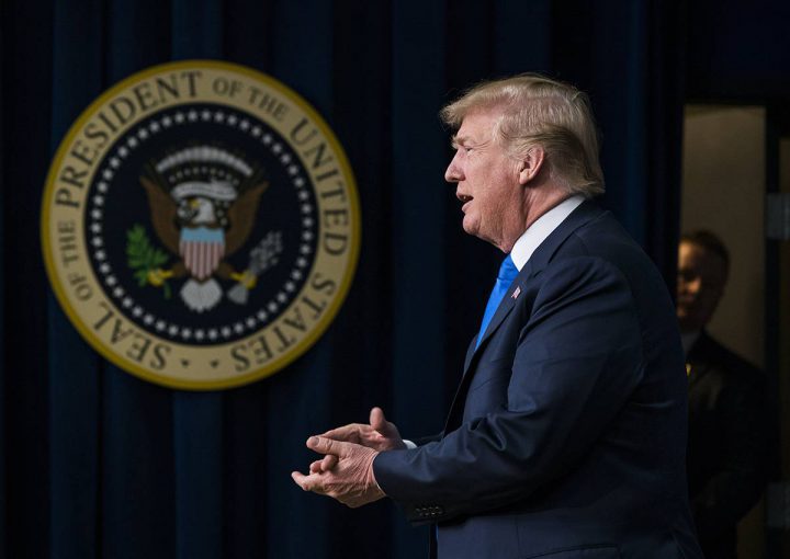 Donald Trump participates in a panel discussion at the Generation Next Summit in the Eisenhower Executive Office Building in Washington.