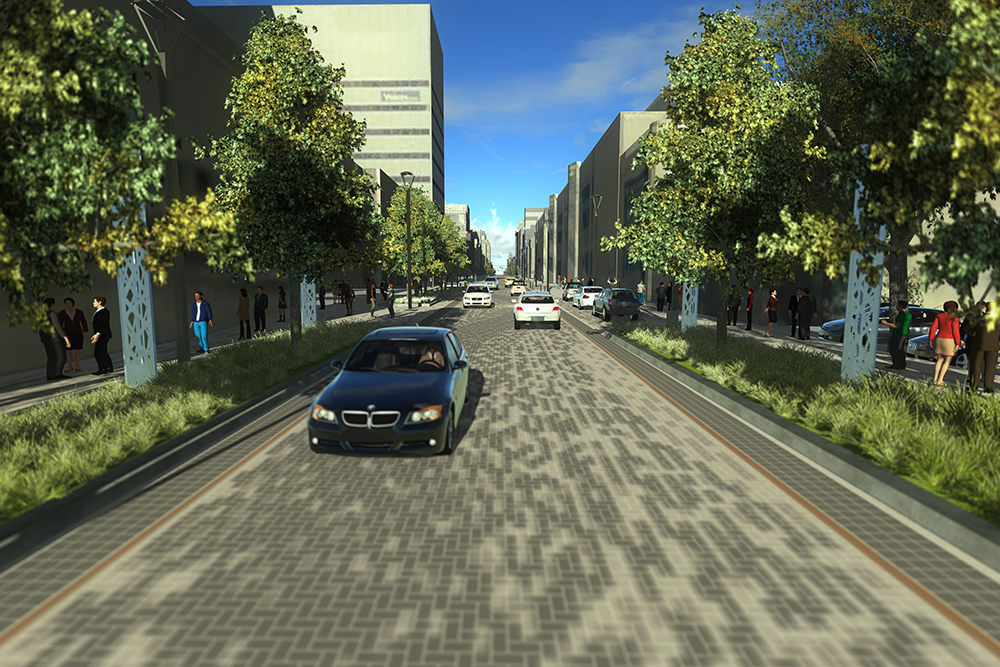 A rendering showing Dundas Place from Talbot Street to Ridout Street.