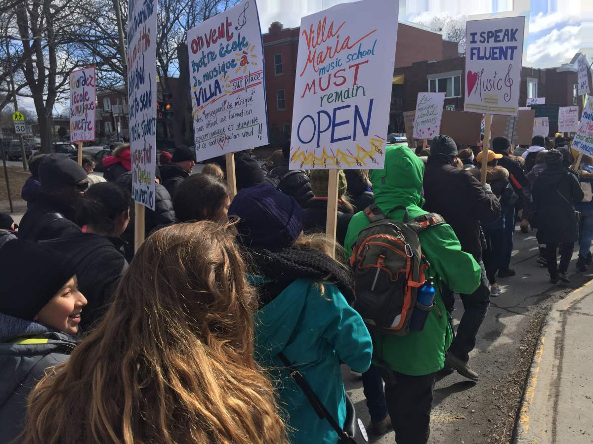 Students march down Monkland Ave. in protest of Villa Maria High School closing down its private music program.