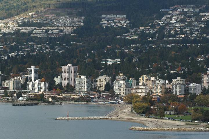 A view of West Vancouver, British Columbia with Ambleside Park in foreground at right.