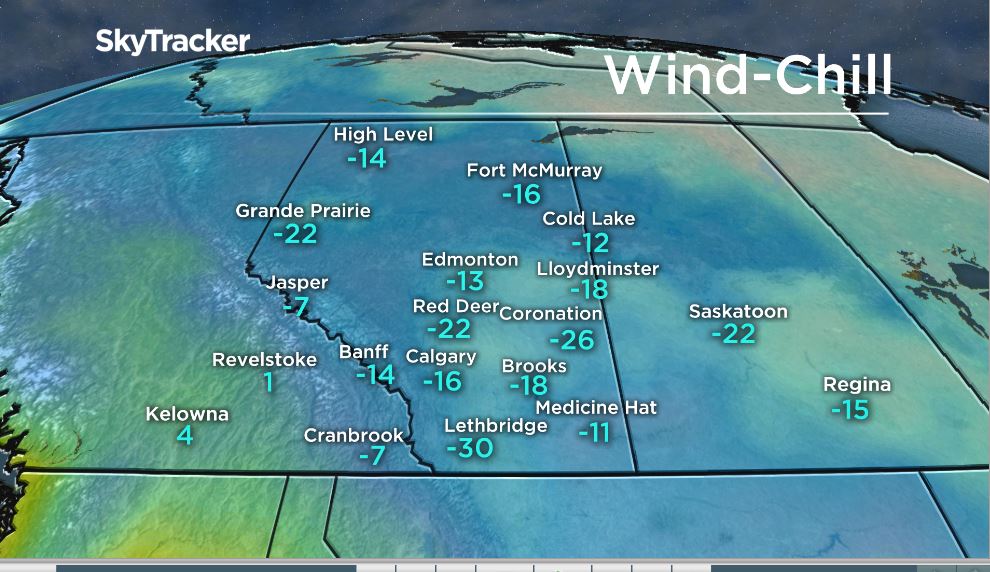 Wind-chill values in southern Alberta Monday evening.