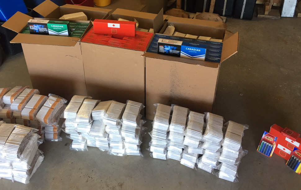 More than 100,000 contraband cigarettes were seized during a traffic stop on the Trans-Canada Highway near Oromocto. 