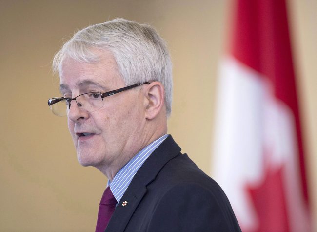 Federal Transport Minister Marc Garneau delivers a speech on the Transportation Modernization Act and the Ocean Protection Plan at a business luncheon in Halifax, May 23, 2017. 