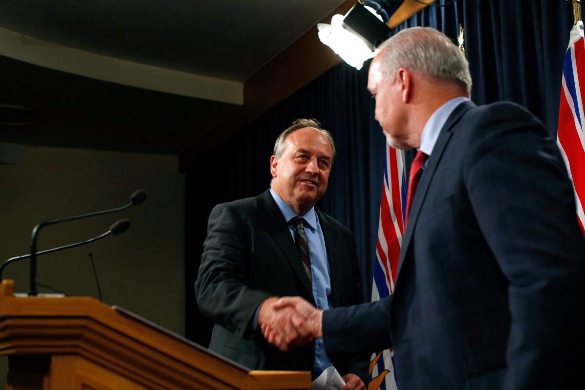 Premier John Horgan and Green Party Leader Andrew Weaver shake hands on Monday, September 18, 2017. 