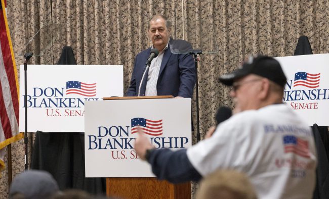 Former Massey CEO and West Virginia Republican Senatorial candidate, Don Blankenship, listens as supporter Doug Smith poses a question during a town hall to kick off his campaign in Logan, W.Va., Thursday, Jan. 18, 2018.