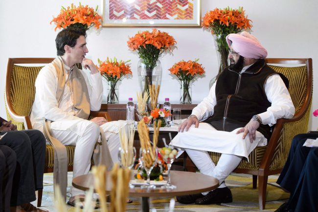 Prime Minister Justin Trudeau meets with Chief Minister of Punjab Amarinder Singh in Amritsar, India, Feb. 21, 2018.