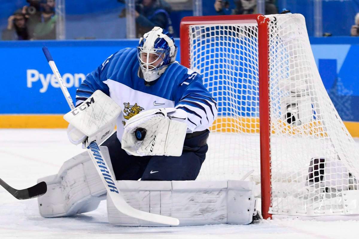 Finland goaltender Mikko Koskinen (19)makes a save against Canada during first period men's Olympic quarterfinal action hockey action at the 2018 Olympic Winter Games in Pyeongchang, South Korea, on Wednesday, February 21, 2018. 