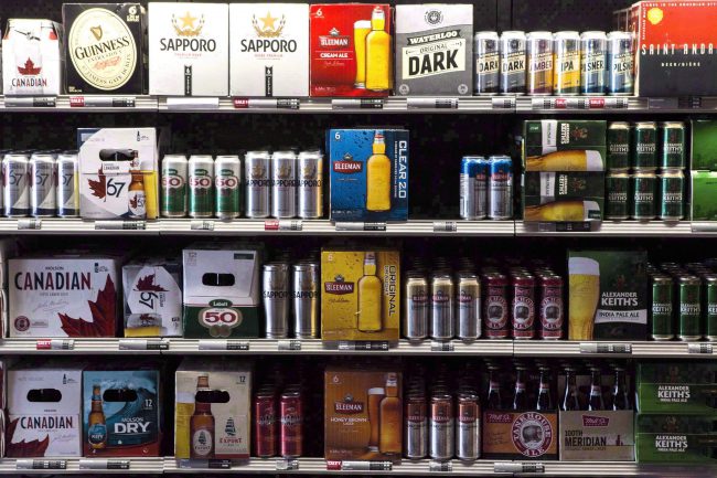 Beer products are on display at a Toronto beer store, April 16, 2015. 


