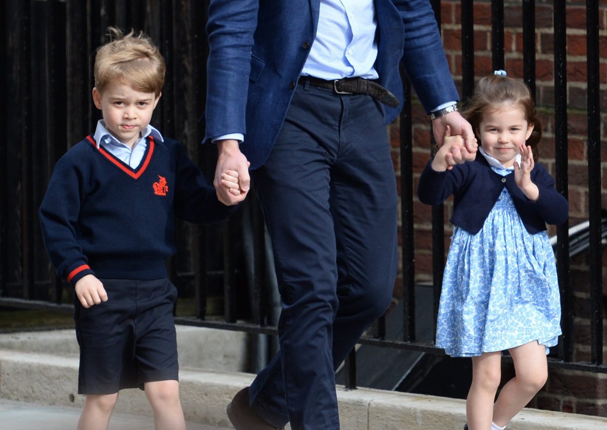 FILE -- The Duke of Cambridge with Prince George and Princess Charlotte arriving at the Lindo Wing at St Mary's Hospital in Paddington, London where the Duke's third child was born on Monday.