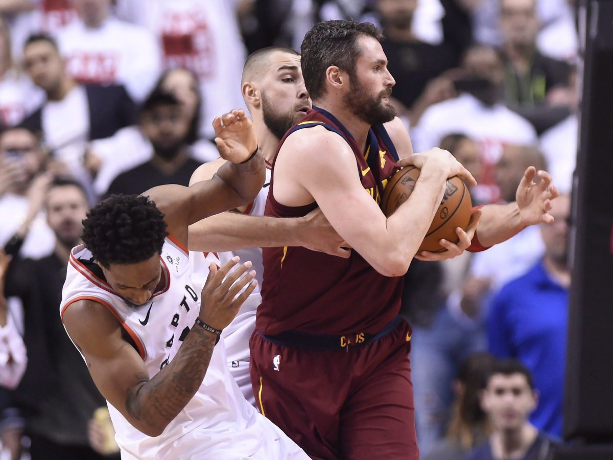 Toronto Raptors guard DeMar DeRozan (10) takes an elbow to the face from Cleveland Cavaliers centre Kevin Love (0) during second half second round NBA playoff basketball action in Toronto on Tuesday, May 1, 2018. Love picked up a foul on the play. The NBA has upgraded Cleveland centre Kevin Love's elbow to Toronto guard DeMar DeRozan with just over a minute left in Game 1 of an NBA Eastern Conference semifinal series to a flagrant 1.